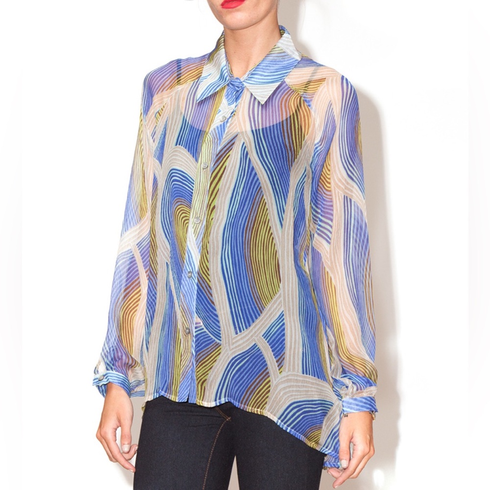 2OH NWT Threads Two Old Hippies Funky Button Up Sheer 100% Silk Blouse Size S